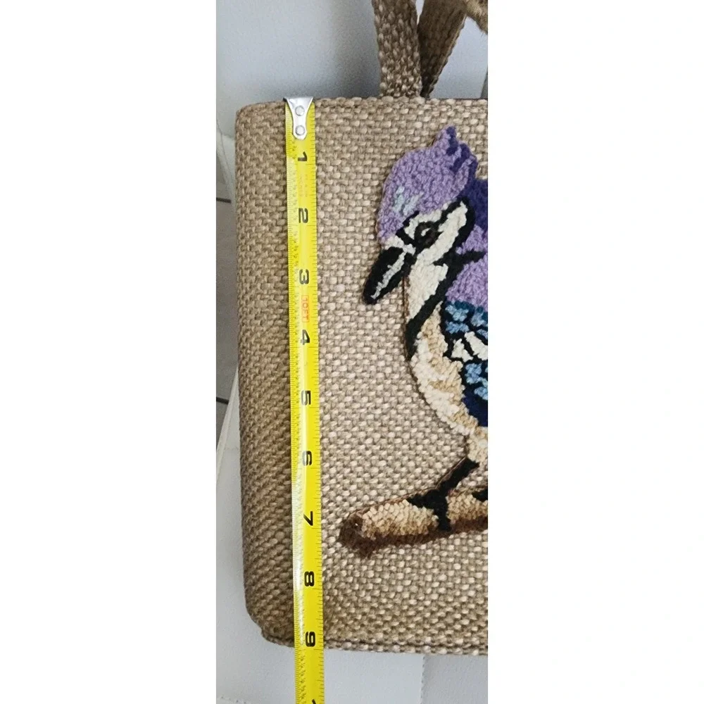 Vintage JR‎ Florida USA Woven Straw Blue Jay Bird Needlepoint Tote Handbag Tan